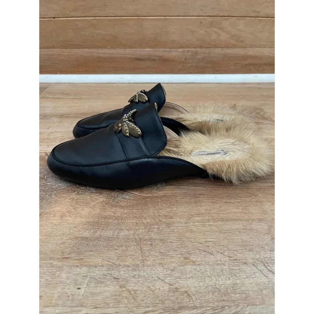 EUC I.N.C Black Leather & Faux Fur Bee Loafers